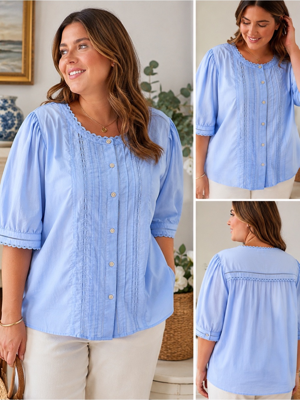 Blue 100% Cotton Pintuck Lace Blouse 3X 22 Lightweight Cottagecore Romantic Top